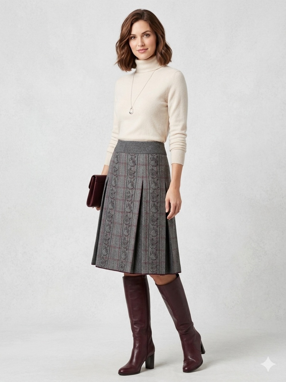 LOFT Gray Tweed Herringbone Embroidered Pleated Skirt Sz 8